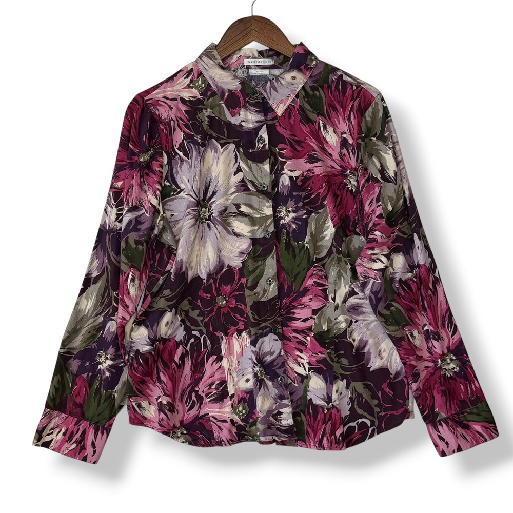 Van Heusen Studio Button Up Shirt Blouse XL Purple Floral 100% Cotton Artsy Boho